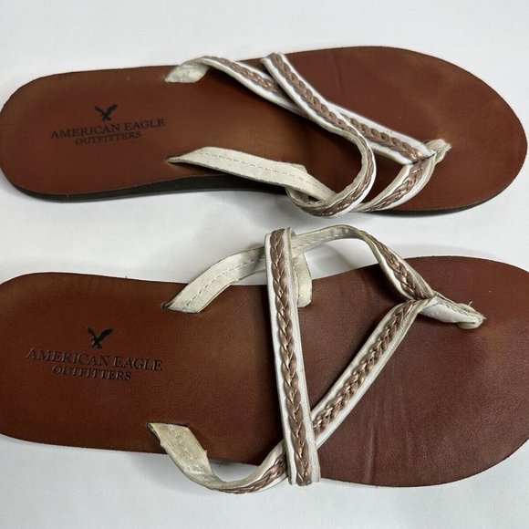 American Eagle Outfitters AEO Leather Flat Strappy White Bronze Sandals Womans 8 - Picture 5 of 6